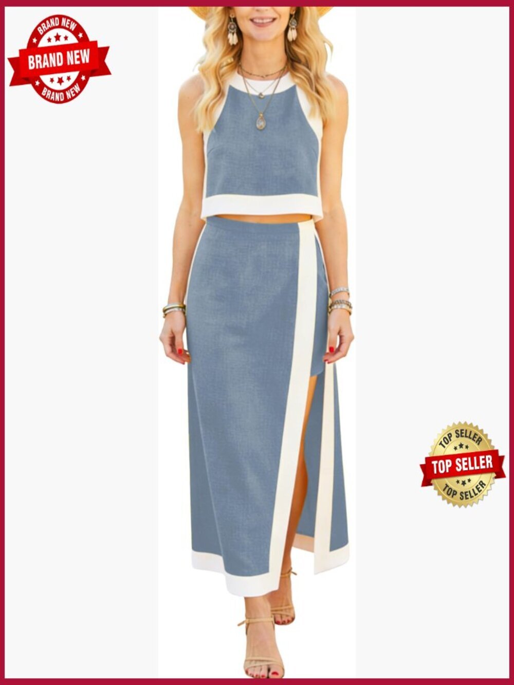 2 Piece Skirt Set Summer Sleeveless Crewneck Skort Set Pockets
